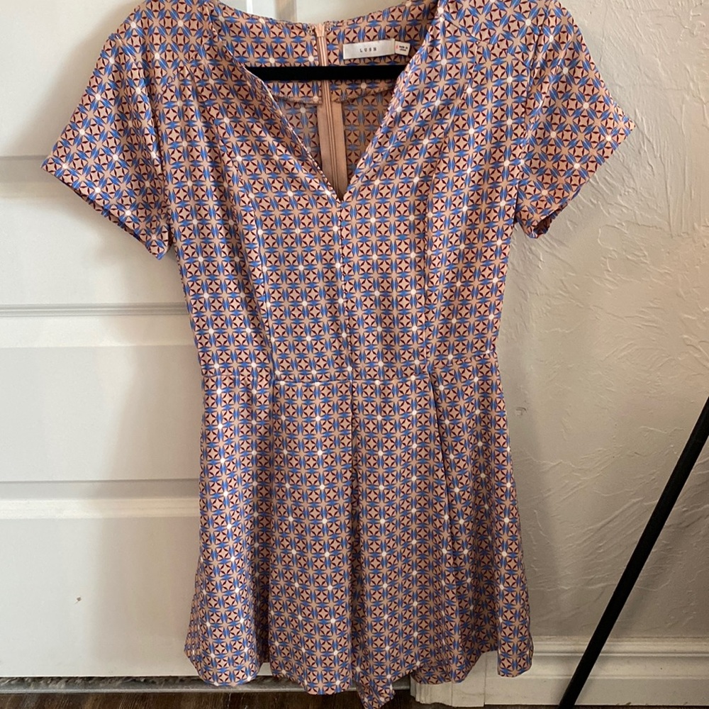 Lush Romper (Tan, beige, Blue, Maroon pattern)